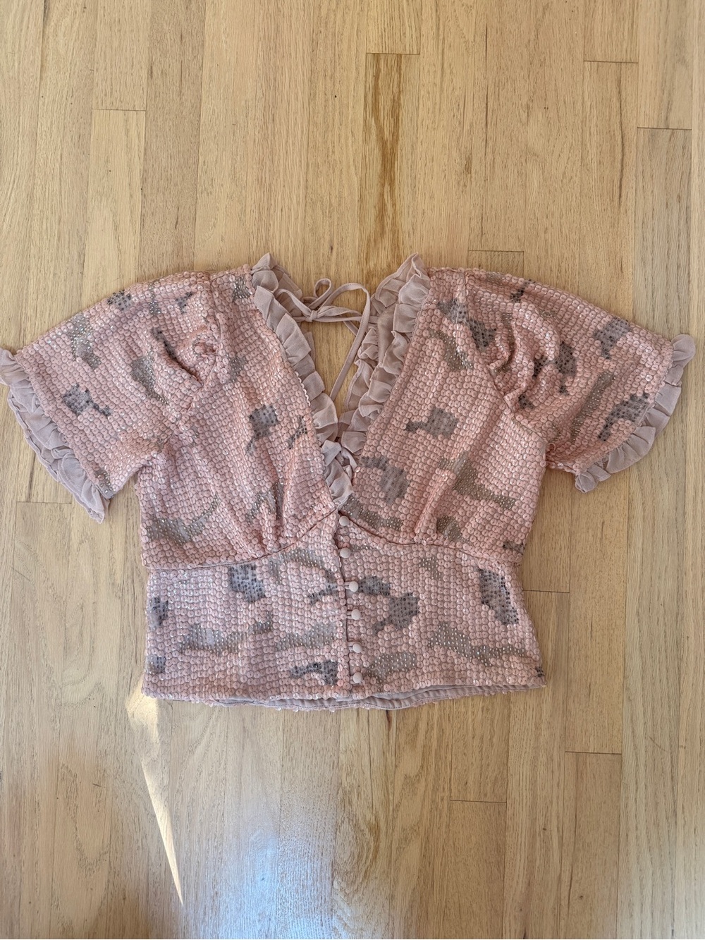 Anthropologie Pink Ruffle Button-Front Top